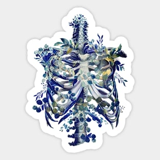 Blue Ribcage, rib cage, anatomy skeleton blue eucaliptus leaves, the great wave style Sticker